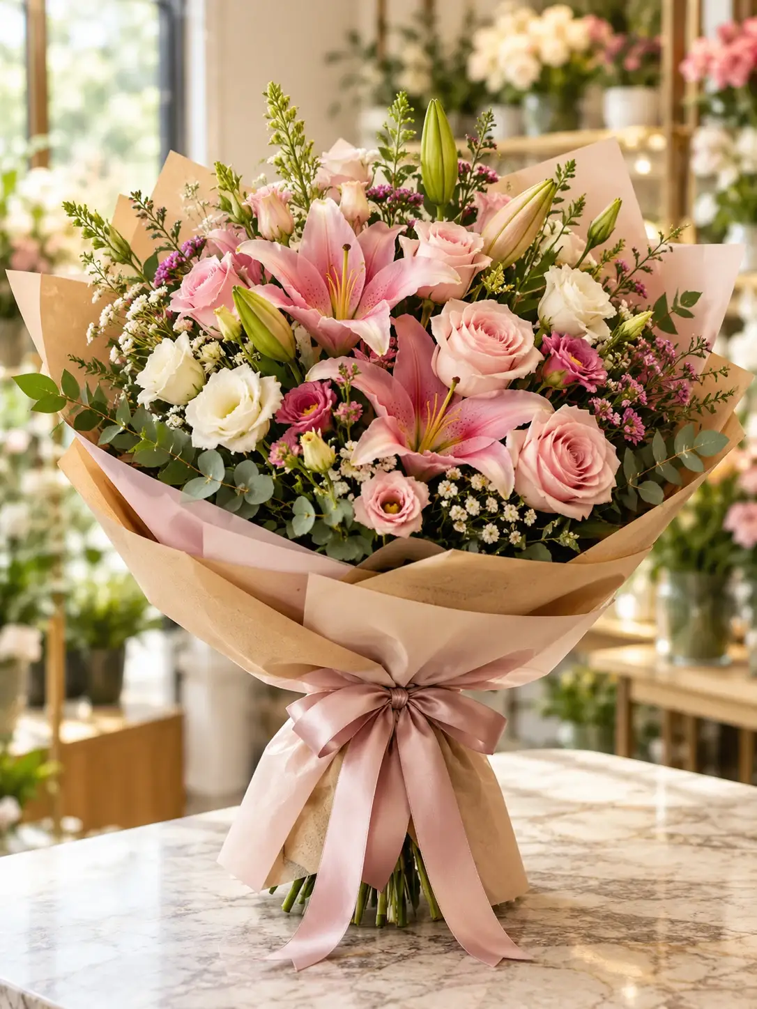 Ramo floral em tons de rosa